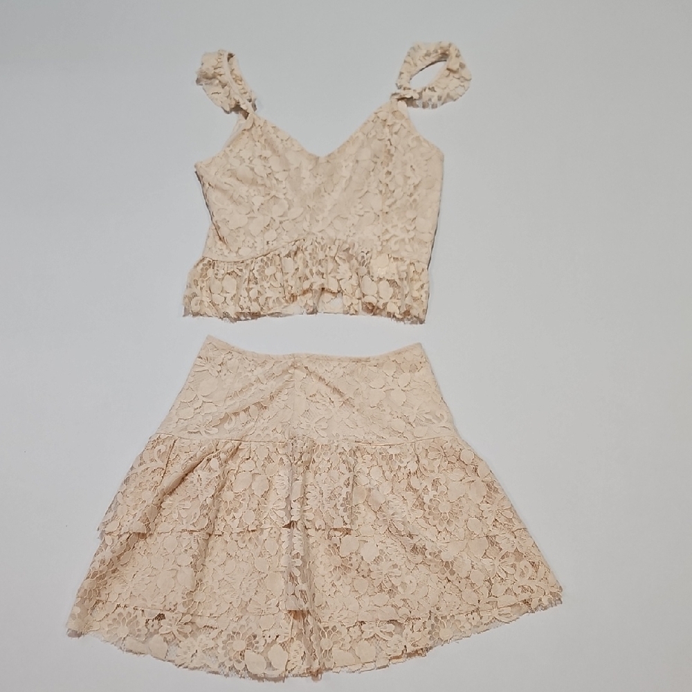 Chic Lace Two-Piece Skirt Set in Cream All Over Lace Whimsical Style